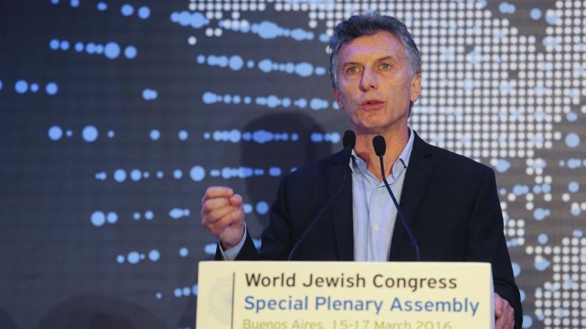 El presidente argentino Mauricio Macri habla el martes en la inauguración del Congreso Judío Mundial, Buenos Aires.