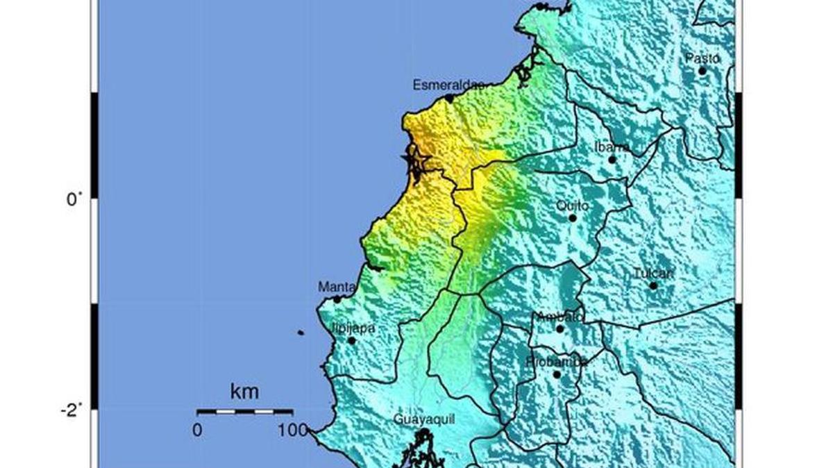Un mapa del Servicio Geológico de EEUU muestra el lugar donde ocurrió el terremoto de 7.4 grados en Esmeraldas, Ecuador, el sábado.