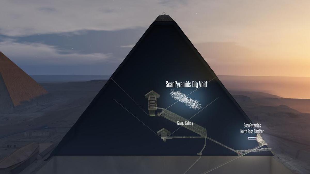 Este folleto en 3D realizada por la misión ScanPyramids y publicado el 2 de noviembre de 2017 por Nature Publishing Group muestra una estructura interna oculta en la Pirámide de Khufus.