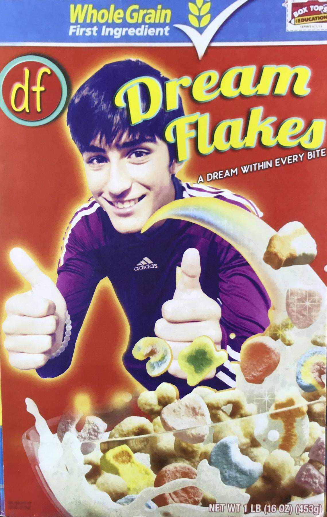 This cereal box was created by Joaquin, with his father's help, for a school marketing project.