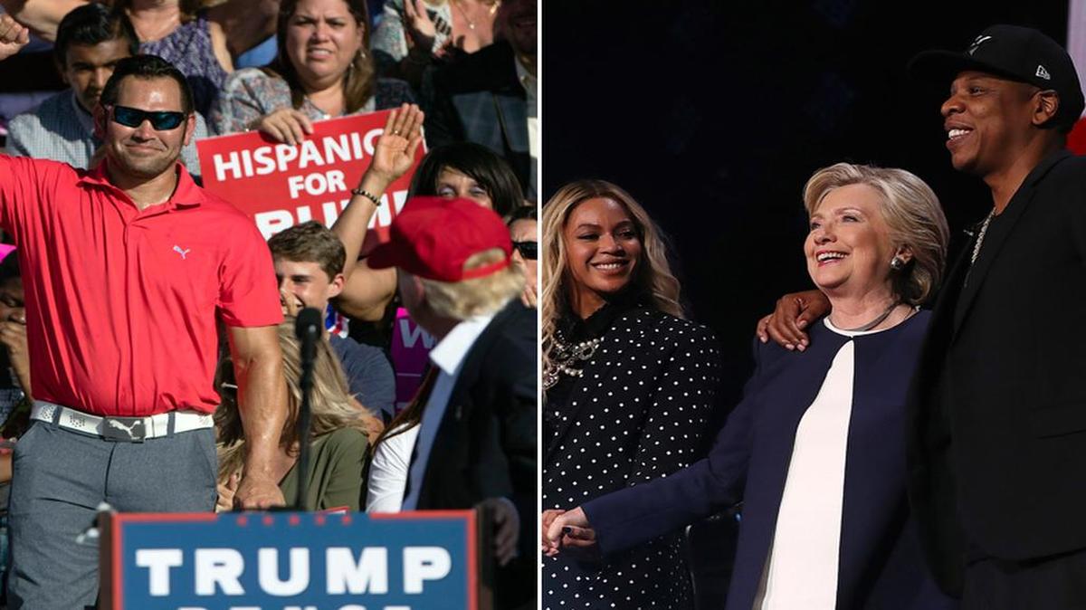 El jugador de béisbol Johnny Damon con Donald Trump y los cantantes Beyoncé y Jay-Z con Hillary Clinton.