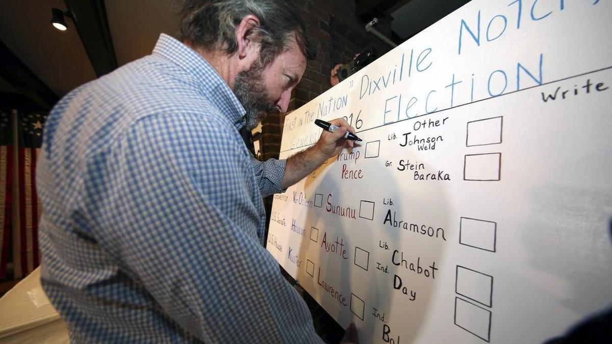 Russ Van Deursen marca los resultados obtenidos tras el recuento de los votos escrutados en las elecciones presidenciales en la pequeña localidad de Dixville Notch, New Hampshire (Estados Unidos) hoy, 8 de noviembre de 2016, poco después de la medianoche.