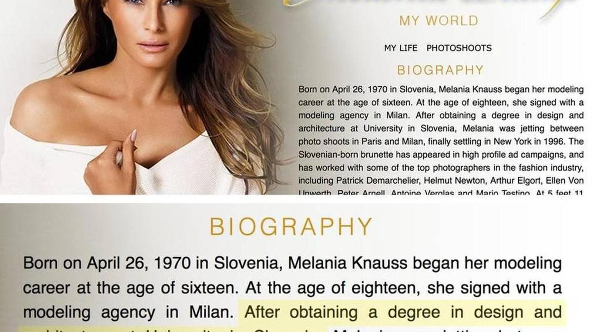 Imagen de la página web de Melania Trump que dice que tiene un título universitario en diseño y arquitectura de la Universidad de Slovenia. El sitio web fue borrado al surgir dudas sobre la veracidad de esta información.