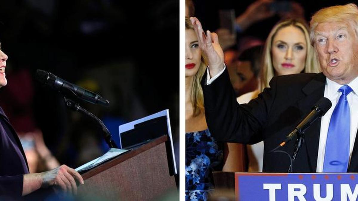 Combo de dos fotografías de archivo donde se ve a la precandidata a la presidencia de Estados Unidos por el partido Demócrata Hillary Clinton (i) en un acto de campaña el 11 de mayo de 2016 en Blackwood (NJ) y al precandidato Republicano Donald Trump (d) ofreciendo un discurso el 3 de mayo 2016 en Nueva York (NY).