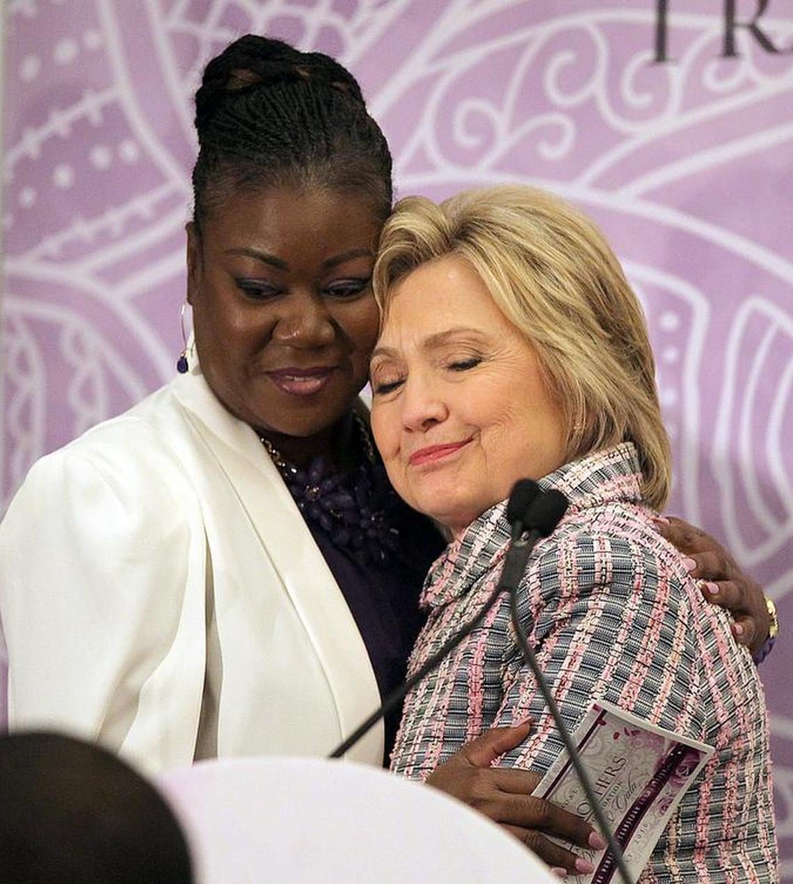 Hillary Clinton hugs Sybrina Fulton at a gala for the Trayvon Martin Foundation in 2016.