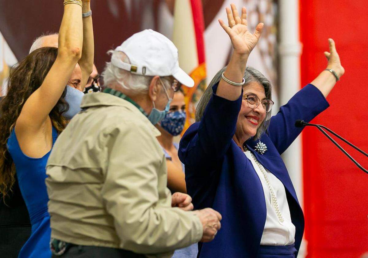 Daniella Levine Cava celebrates during her watch party in the Wynwood neighborhood of Miami after winning the Miami-Dade mayoral race against Esteban Bovo on Tuesday, Nov. 3, 2020.