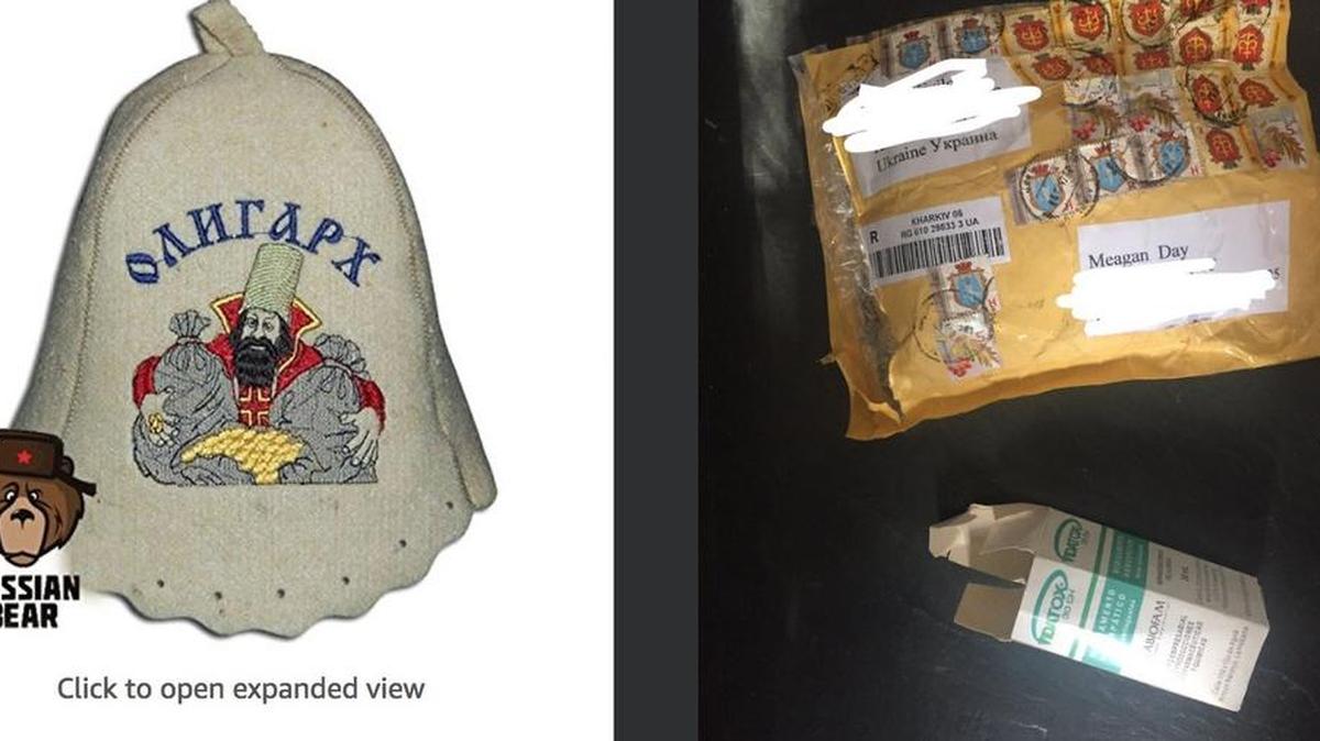 Una residente de San Francisco pidió por Amazon un sombrero Banya (izq.) y recibió una dosis de Vidatox, un fármaco cubano contra el cáncer (der).