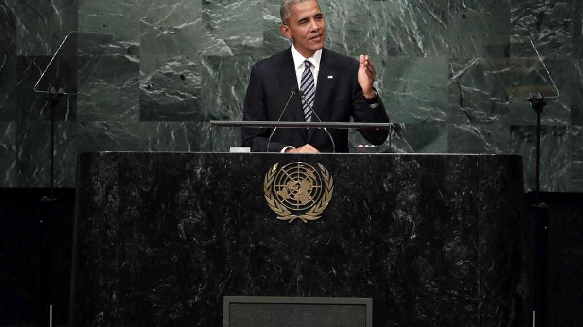 El presidente estadounidense, Barack Obama, pronuncia su discurso durante el debate del 71 periodo de sesiones de la Asamblea General de Naciones Unidas, en la sede del a ONU en Nueva York, Estados Unidos, hoy, 20 de septiembre de 2016.