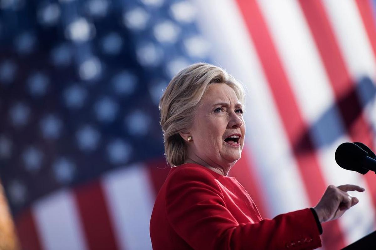 This file photo taken on November 7, 2016 shows Democratic presidential nominee Hillary Clinton speaking during a rally outside the University of Pittsburgh’s Cathedral of Learning in Pittsburgh, Pennsylvania.