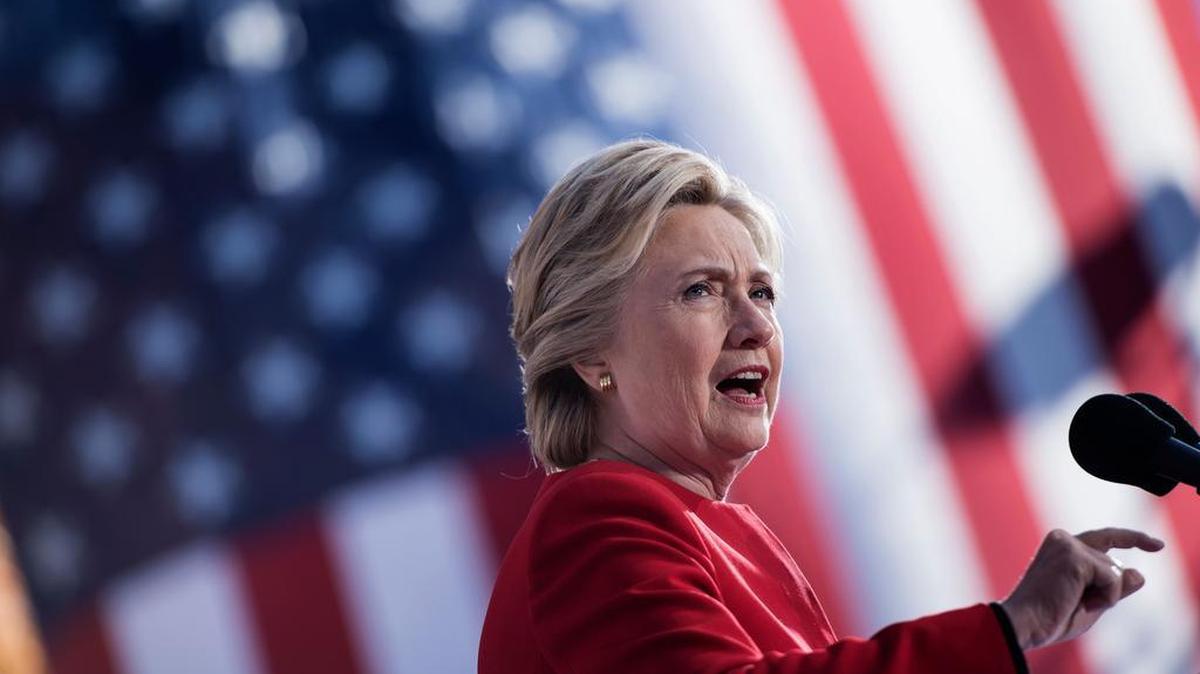 This file photo taken on November 7, 2016 shows Democratic presidential nominee Hillary Clinton speaking during a rally outside the University of Pittsburgh’s Cathedral of Learning in Pittsburgh, Pennsylvania.