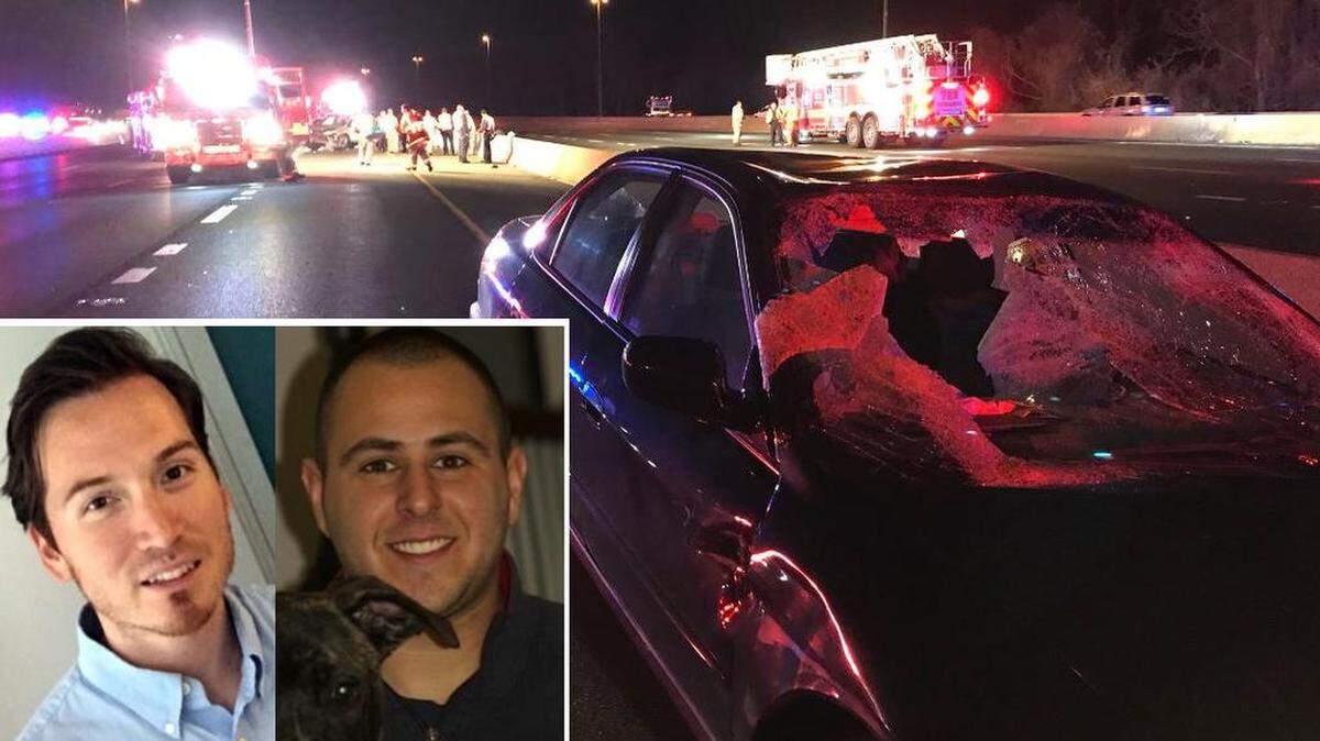 Combinación de fotografías del accidente de tránsito en la autopista I-270, de Maryland que dejó a dos agentes fallecidos, Carlos Wolff (izq.) y Sander Cohen (der.)