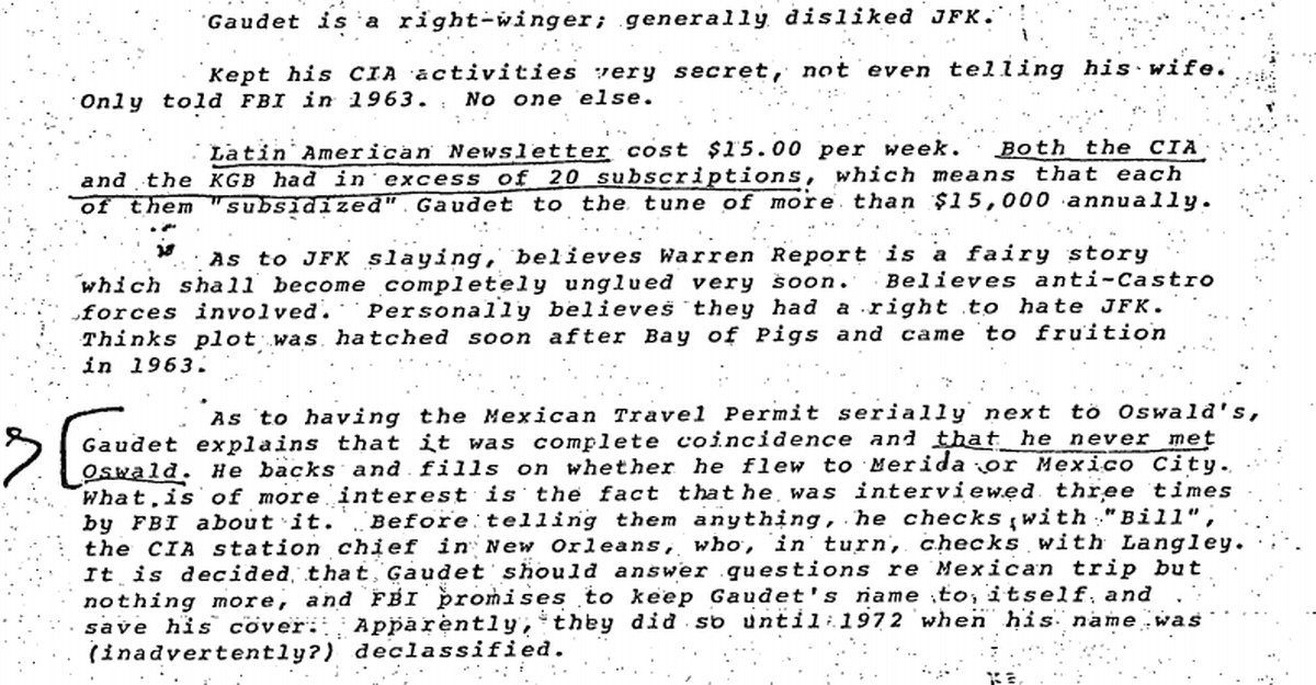 Esta captura de pantalla de un documento federal recientemente dado a conocer muestra que George Gaudet, antiguo activo de la CIA, aparentemente recibió un permiso de viaje de México con un número secuencialmente siguiente al del permiso emitido a Lee Harvey Oswald.