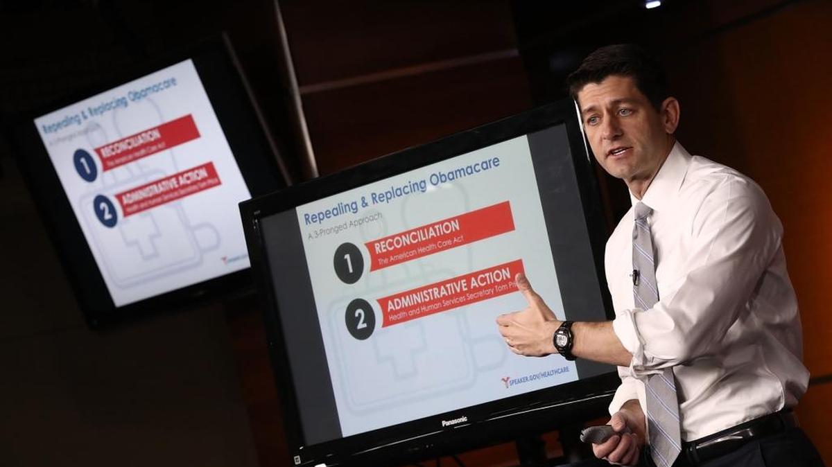 El presidente de la Cámara, Paul Ryan, explica el plan de los republicanos para reemplazar la Ley de Cuidado de Salud en su conferencia de prensa semanal en la Casa Blanca, el 9 de marzo.