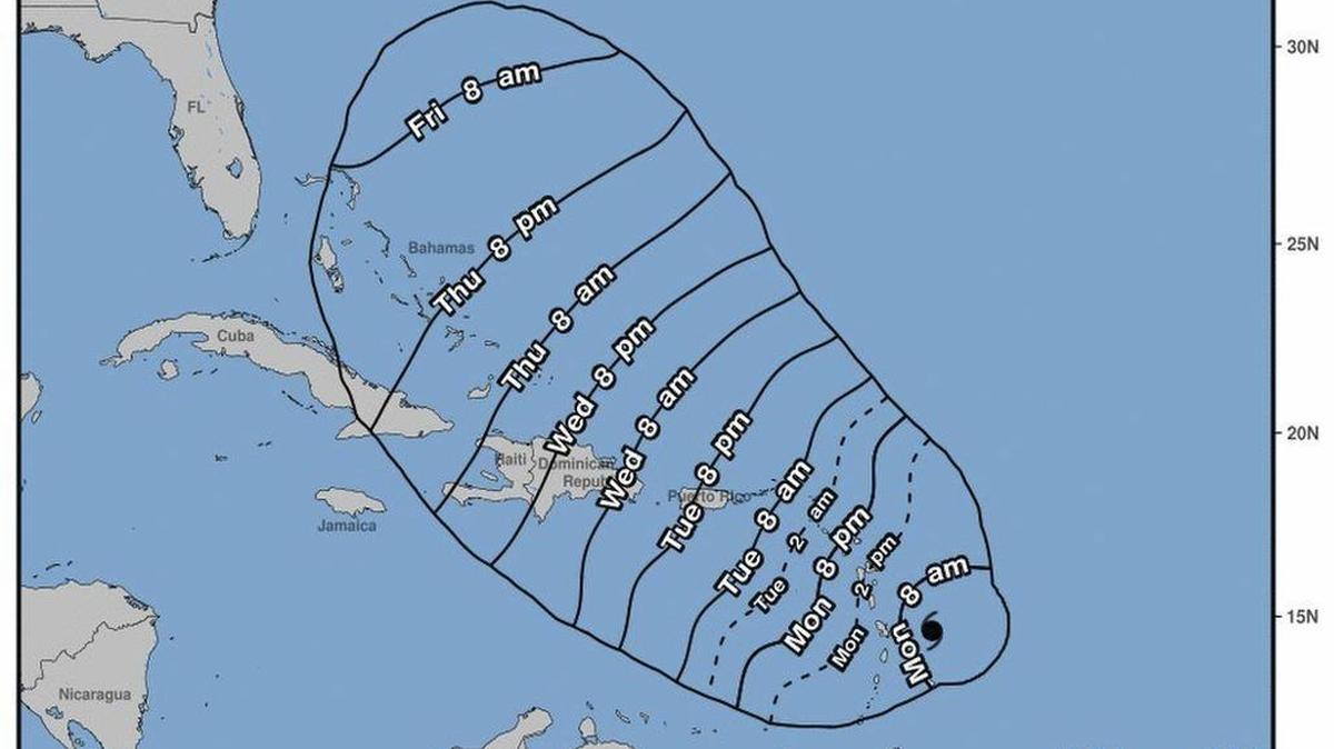Representación artística que muestra la posible trayectoria de la tormeta tropical María en el Océano Atlántico, el 18 de septiembre de 2017.