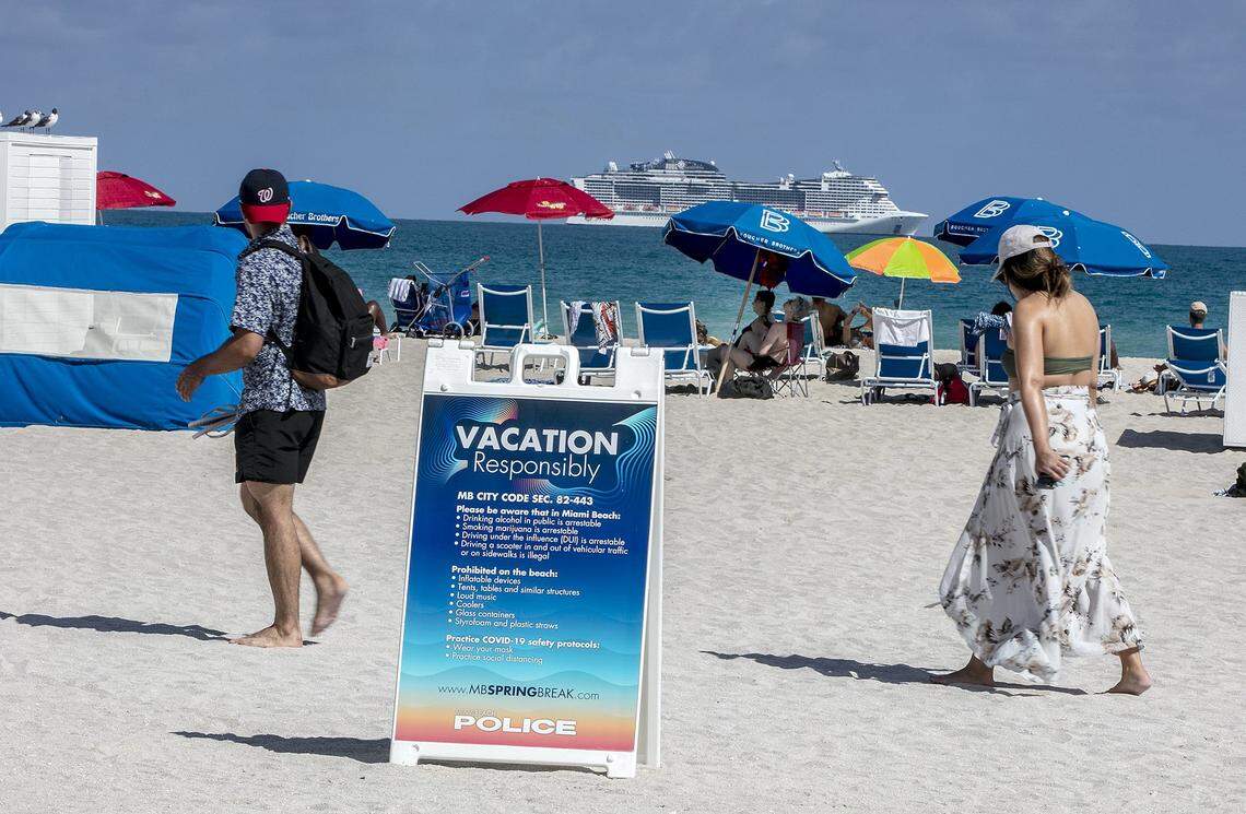 City of Miami Beach have placed signs along the beach as part of the Miami Beach Vacation Responsibly campaign advising spring breakers of the zero tolerance rules for public drunkenness, street fights, theft of any kind and illegal drug use, as spring break has officially begun and the city expect thousands of tourists to visit South Beach, escaping cold weather and harsh COVID-19 restrictions on Saturday,March 02, 2021.