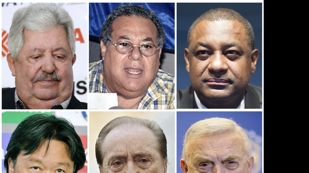 
Seis de los oficiales implicados en el escándalo de corrupción de la FIFA, de izquierda a derecha: Rafael Esquivel, Julio Rocha, Jeffrey Webb, Eduardo Li, Eugenio Figueredo y José María Marín.

