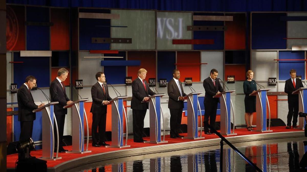 El debate presidencial republicano con los precandidatos John Kasich, Jeb Bush, Marco Rubio, Donald Trump, Ben Carson, Ted Cruz, Carly Fiorina y Rand Paul se desarrolla este martes 10 de noviembre de 2015 en el teatro de Milwaukee, en Milwaukee.