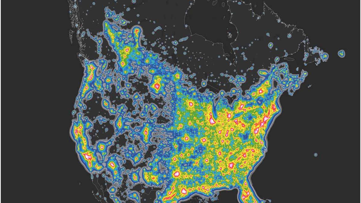Mapa de América del norte que muestra cómo la iluminació artificial se ha incrementado.