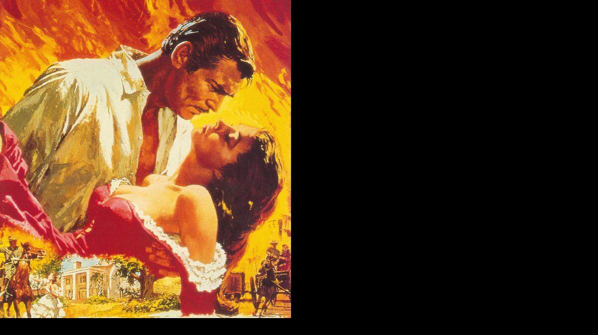 
El ‘abrazo en llamas’ es el poster de la pelí
cula donde el protagonista, Rhett Butler, abandona a Scarlett O’Hara para irse a combatir por “la causa del sur”. 
