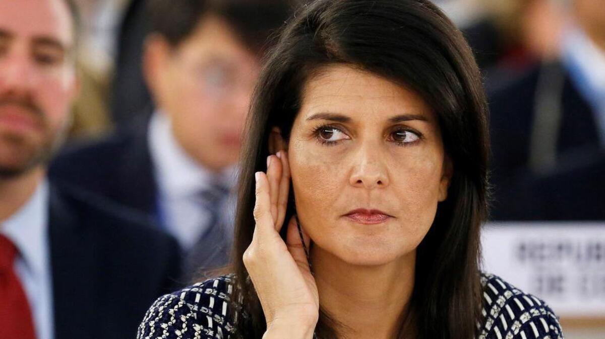 Imagen de archivo de la embajadora de Estados Unidos ante Naciones Unidas, Nikki Haley, en la sede de la ONU en Ginebra, Suiza, el 6 de junio del 2017.