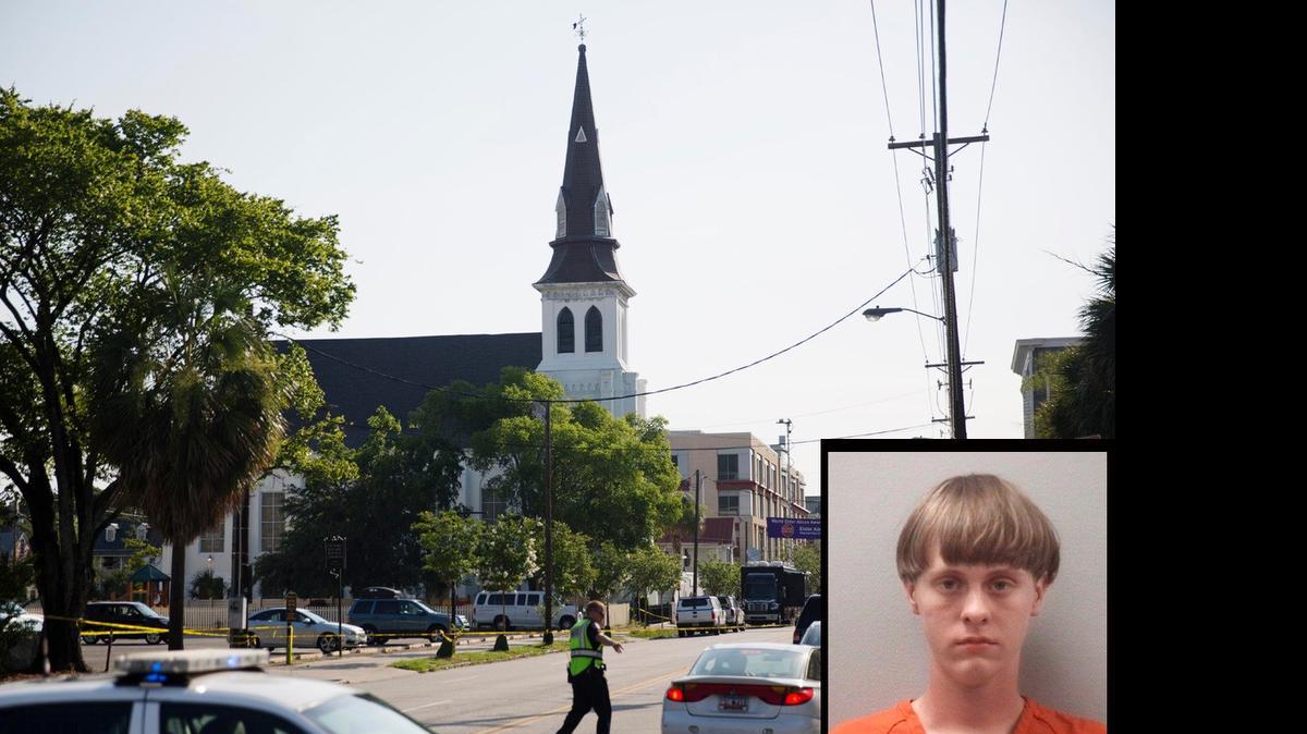 
La iglesia Emanuel AME, donde en la noche del miércoles ocurrió la masacre. insertada aparece la foto del sospechoso, Dylann Roof.


