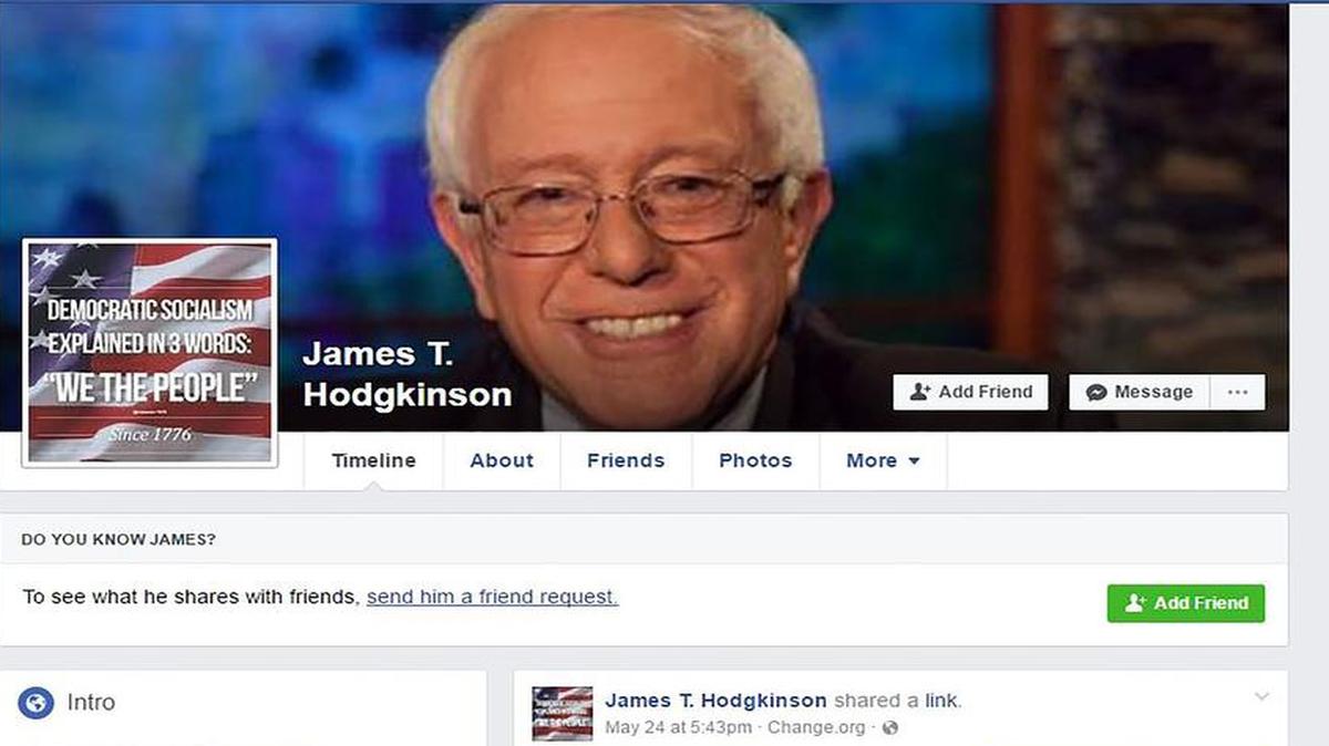 Imagen de la cuenta de Facebook de James T. Hodgkinson, el sospechoso de disparar y herir a cinco personas, incluyendo un congresista, el miércoles en Alexandria, Virginia.