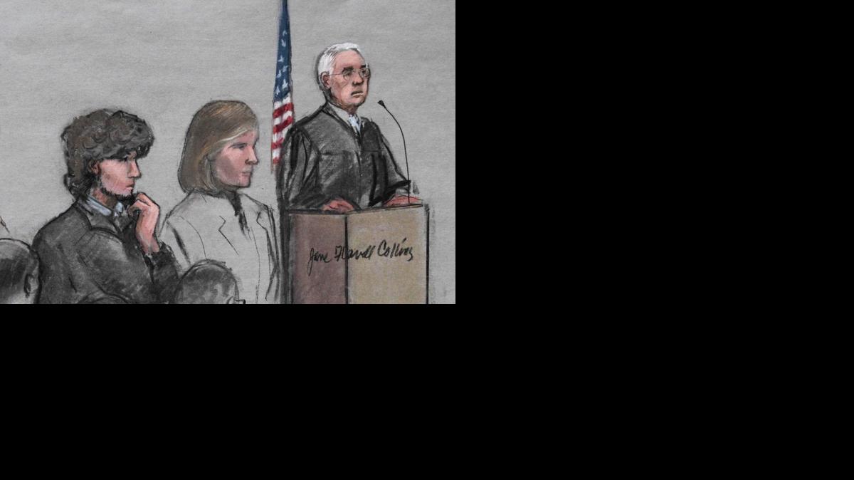 <cutline_leadin>Dibujo que</cutline_leadin> muestra al acusado por los atentados de la maratón de Boston de 2013, Dzhokhar Tsarnaev (izq.), asistiendo a la primera jornada de selección del jurado para el juicio que comenzará el 26 de enero, en Boston, Massachusetts.<252><252>
