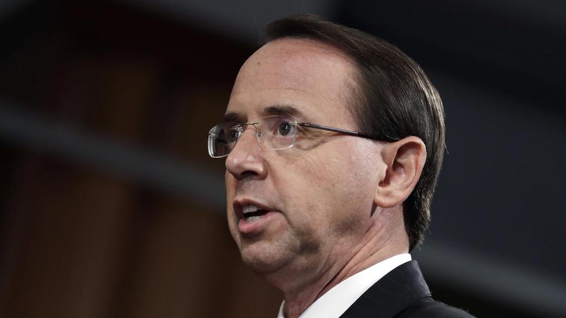 Deputy Attorney General Rod Rosenstein speaks during a news conference at the Department of Justice, Friday, July 13, 2018, in Washington.
