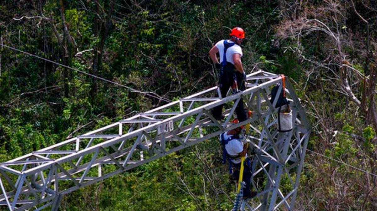 Trabajadores de Whitefish Energy Holdings trabajan en líneas eléctricas dañadas por el huracán María, en Barceloneta, Puerto Rico, el 15 de octubre.