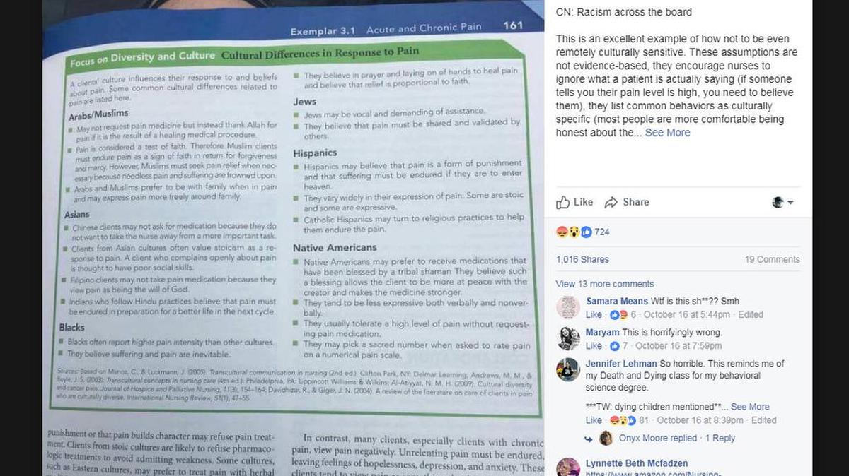 Captura de pantalla de Facebook donde centenares de personas criticaron a un manual de enfermería por estereotipos raciales.