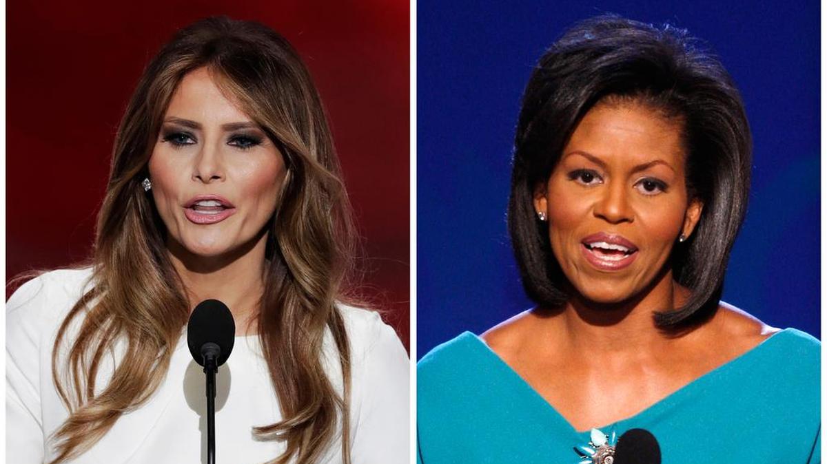 En esta combinación de fotos, Melania Trump, esposa del presidente electo Donald Trump, habla durante el primer día de la Convención Nacional Republicana en Cleveland, el lunes 18 de julio de 2016, y Michelle Obama, esposa del presidente Barack Obama.