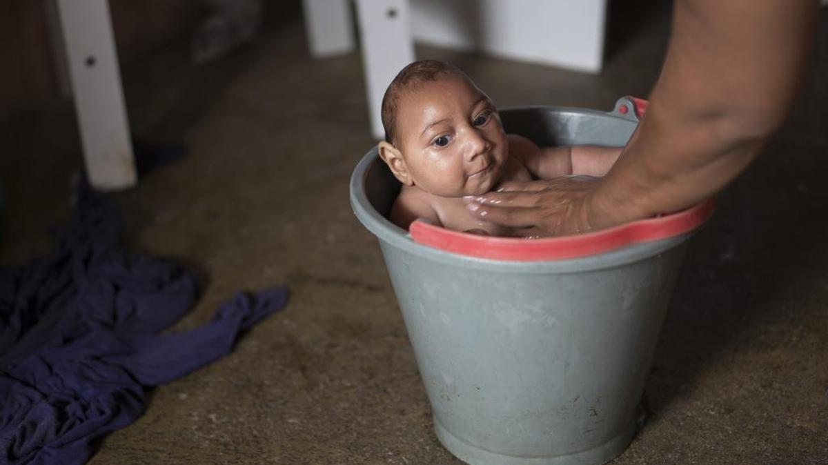 En esta foto de 23 de diciembre 2015, Solange Ferreira baña a su hijo José Wesley en un cubo en su casa en Poco Fundo, estado de Pernambuco, Brasil. Ferreira dice que su hijo le gusta estar en el agua, por lo que lo sitúa en el cubo varias veces al día para calmarlo.