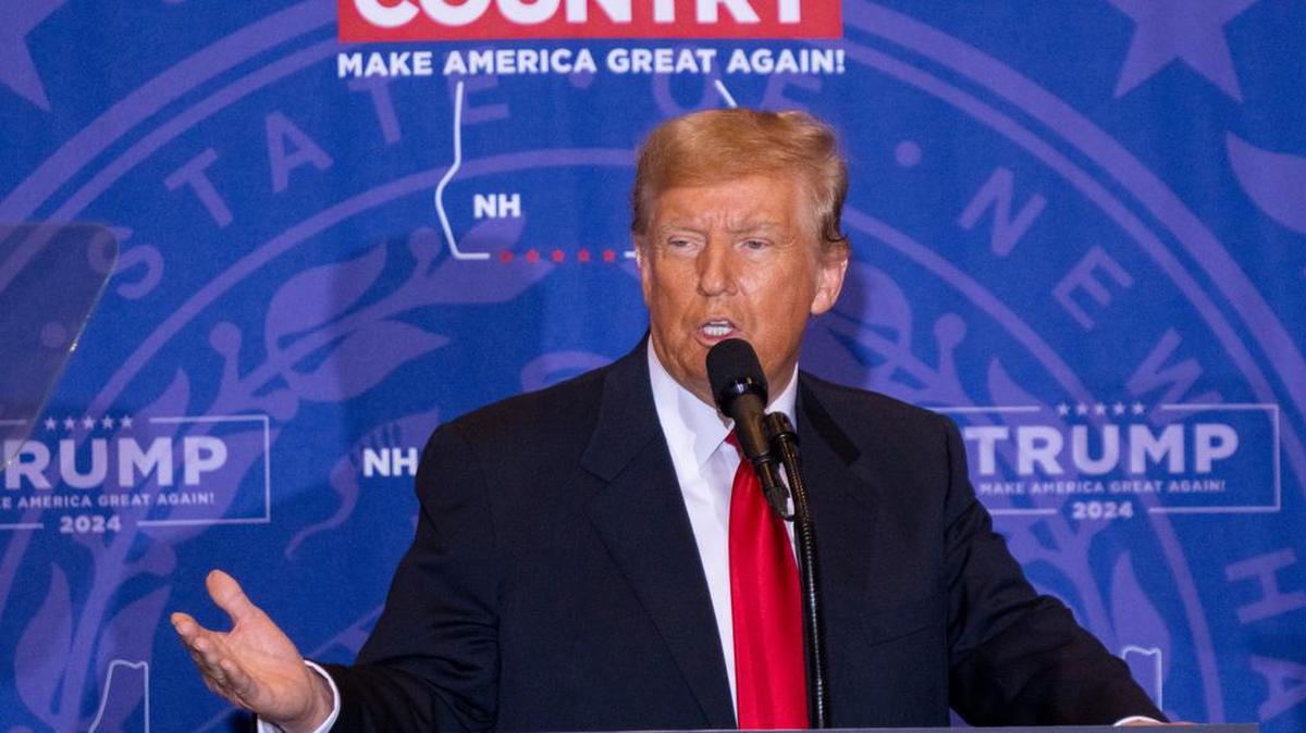 Former president Donald J. Trump speaks at a campaign rally at Atkinson Country Club and Resort in Atkinson, N.H., on Tuesday, January 16, 2024.