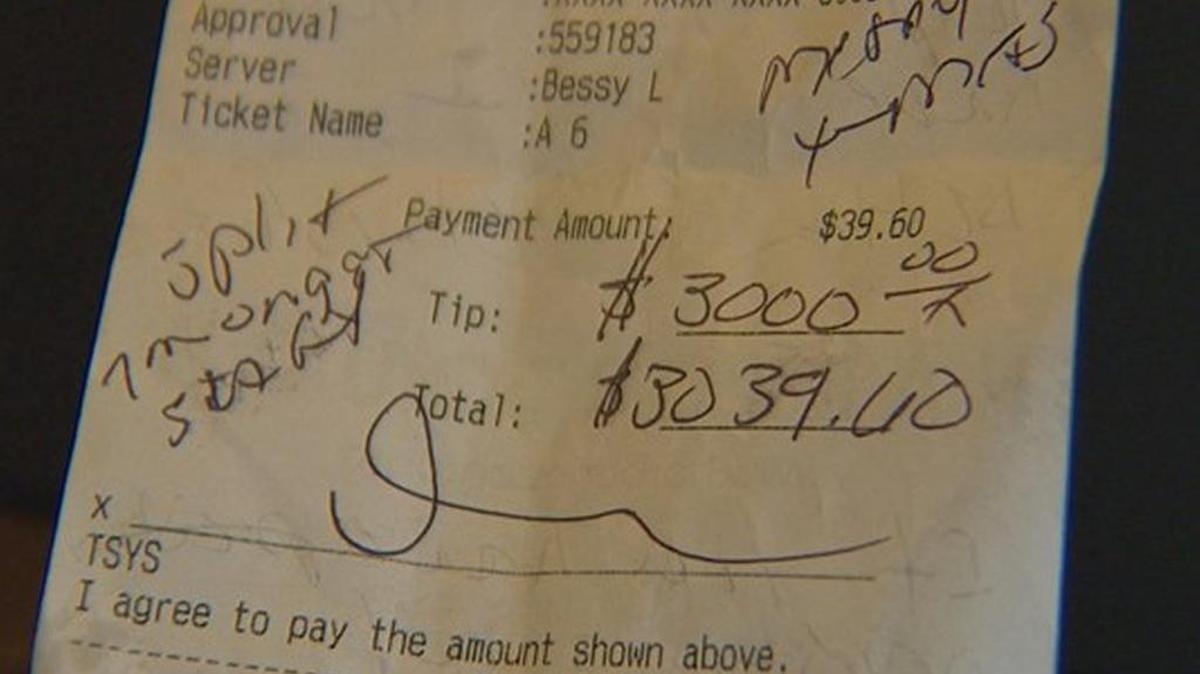 El personal del restaurante The Brief Encounter Café, en Bellevue, Washington, dijo que uno de los clientes les dio una propina de $,3000 el sábado tras pagar la cuenta por $39.60.