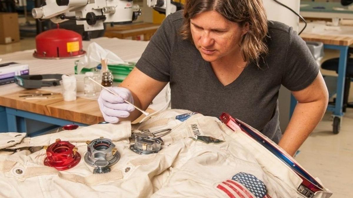 
Lisa Young, experta en conservación del Museo Nacional del Aire y el Espacio trabaja en el traje que usó el astronauta Neil Amstrong en el viaje del Apolo 11.


