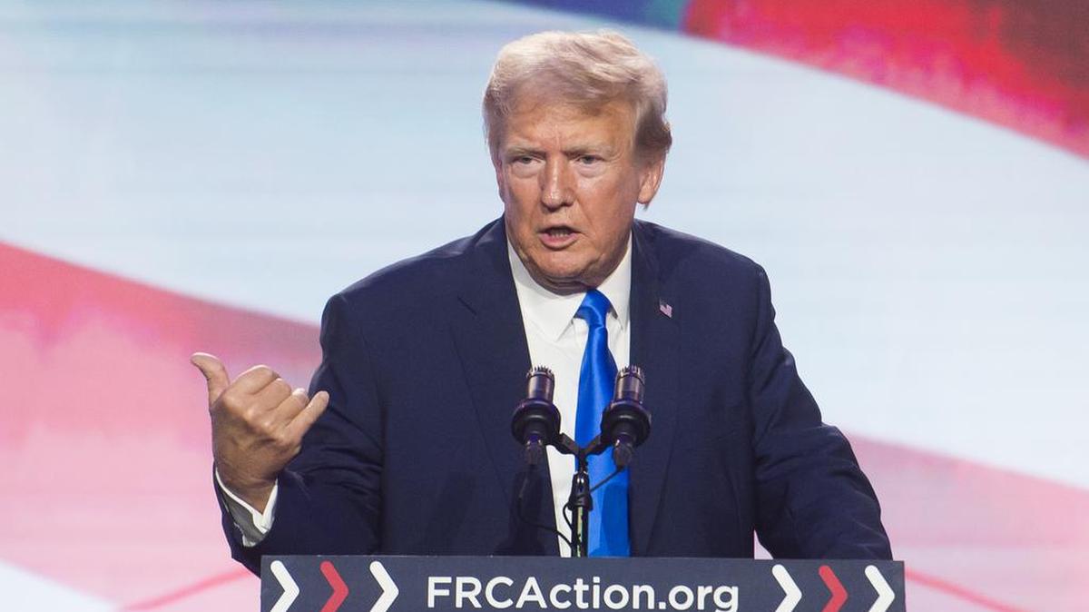 Former US President Donald J. Trump offers remarks during the Pray Vote Stand Summit at the Omni Shoreham Hotel in Washington, DC, Friday, September 15, 2023. Credit: Rod Lamkey / CNP/Sipa USA