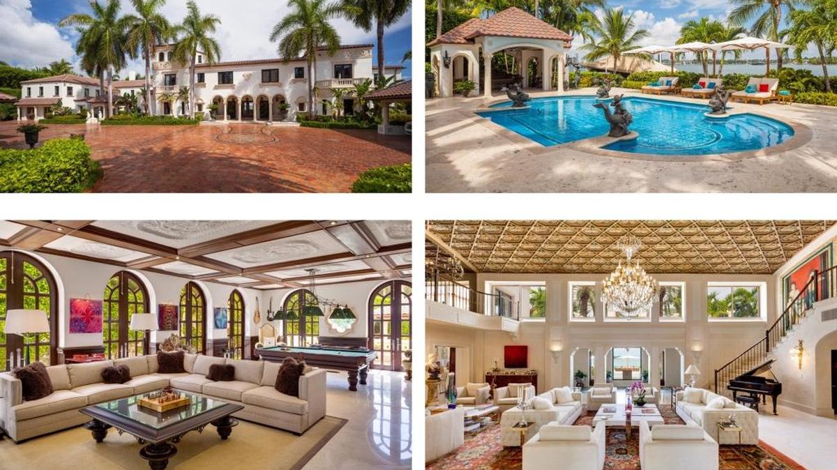 Combo de fotografías que muestra el exterior y varias habitaciones de una lujosa mansión de cuarenta estancias construida en 1923 en la exclusiva isla de Star Island, en Miami Beach.