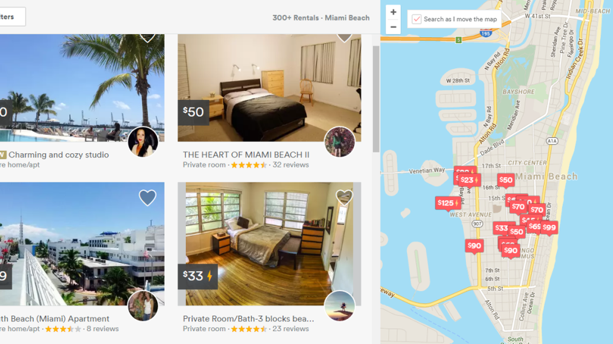 Un listado de Airbnb de unidades para alquiler en Miami Beach.