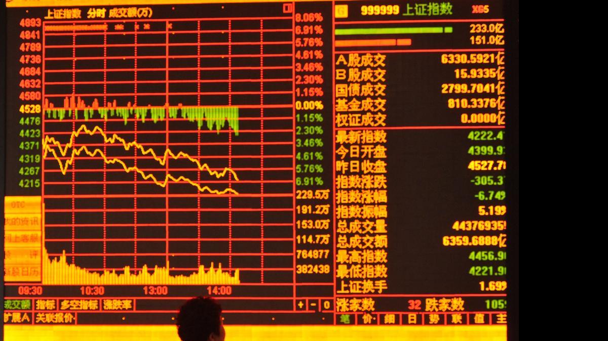 
Un inversionista observa los indicadores de la pantalla electrónica de la Bolsa de Valores de Shanghai en Fuyang, provincia de Anhui. 

