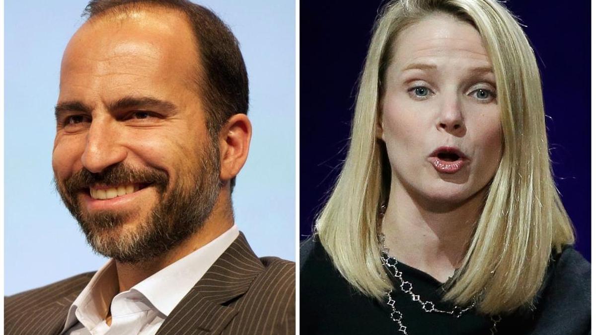 El CEO de Expedia, Dara Khosrowshahi (izq.), y la presidenta y CEO de Yahoo, Marissa Mayer, están entre los directivos mayor pagados en el 2015.