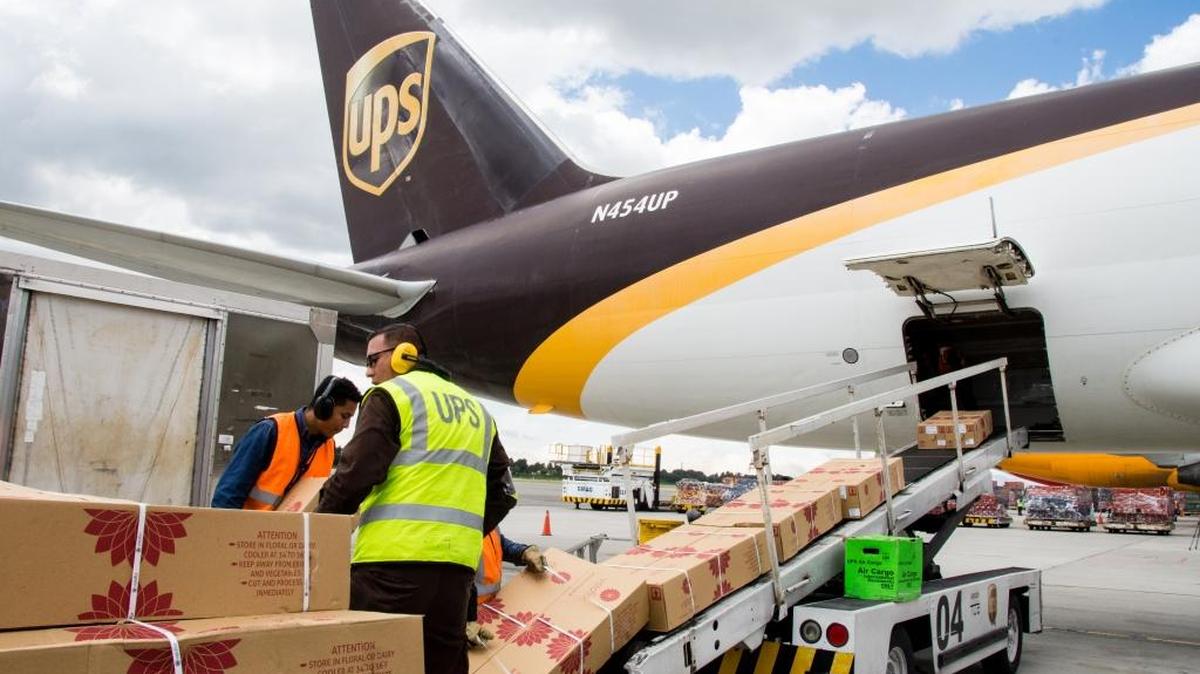 Empleados de la empresa UPS descargan cajas de flores de un avión.