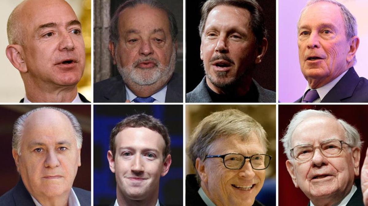 (Arriba) Jeff Bezos, Carlos Slim, Larry Ellison, Michael Bloomberg, (y abajo) Amancio Ortega, Mark Zuckerberg, Bill Gates y Warren Buffett.