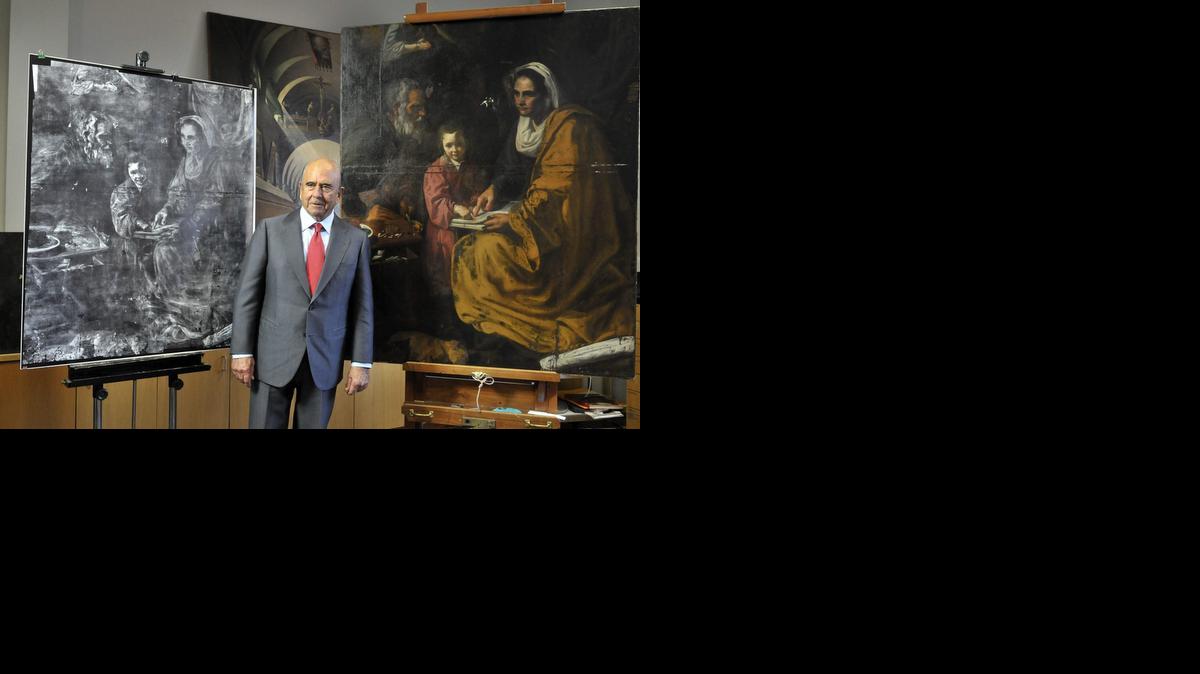 <cutline_leadin>Emilio Botin</cutline_leadin>, junto con el cuadro ‘La educación de la Virgen’, de Velázquez, que fue descubierto en el 2010 y que iba a ser presentado este miércoles.