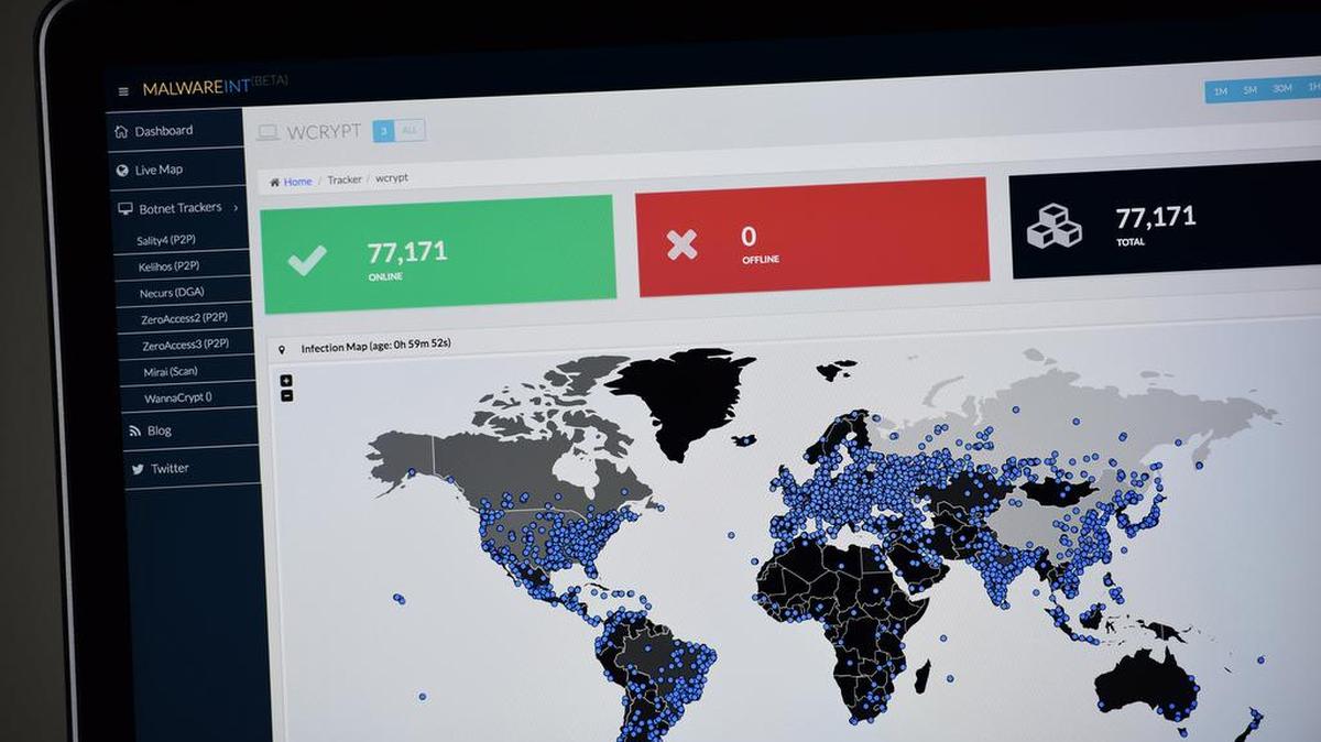 A mapa de la empresa Malware Tech muestra la distribución geográfica de un ciberataque el 12 de mayo de 2017, en una computadora en Portland, Oregon.