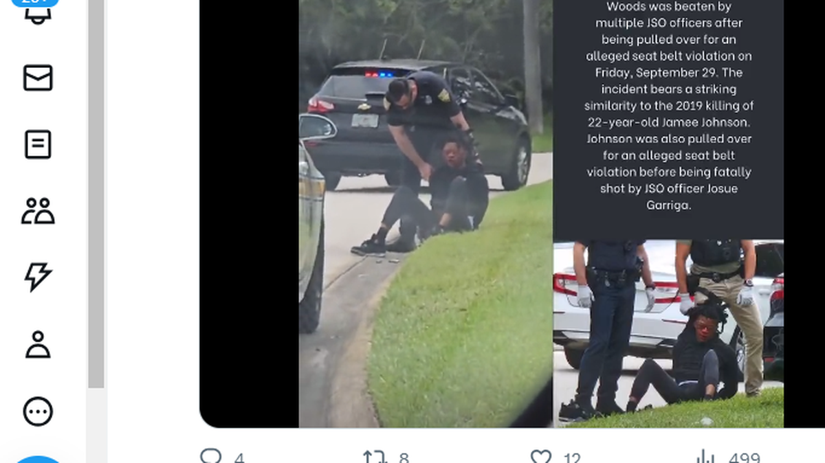 Imagen tomada de un video compartido en X (antes Twitter) por Harry Daniels, abogado de Le’Keian Woods. De acuerdo a Daniels, Woods fue golpeado por agentes policiales de Jacksonville, Florida, después de que fue detenido por no usar cinturón de seguridad mientras conducía.