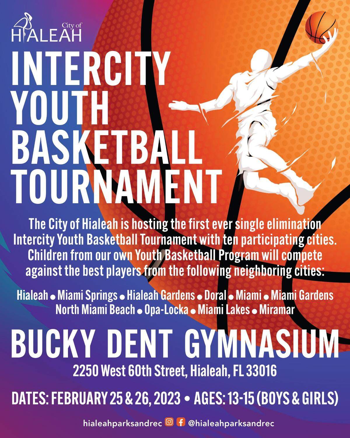 Volante del primer Torneo Juvenil de Liga Interurbana de Básquetbol que auspiciará la ciudad de Hialeah, en la que se incluirán otras nueve municipalidades del Noroeste de Miami-Dade y el Suroeste de Broward