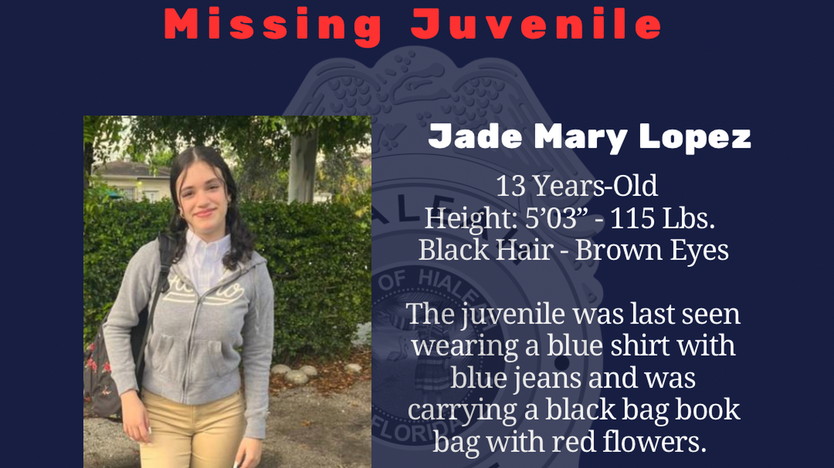 Jade Mary López de 13 años fue reportada como desaparecida en Hialeah, fue vista por última vez en el área de East 4th Ave y East 13th St St.