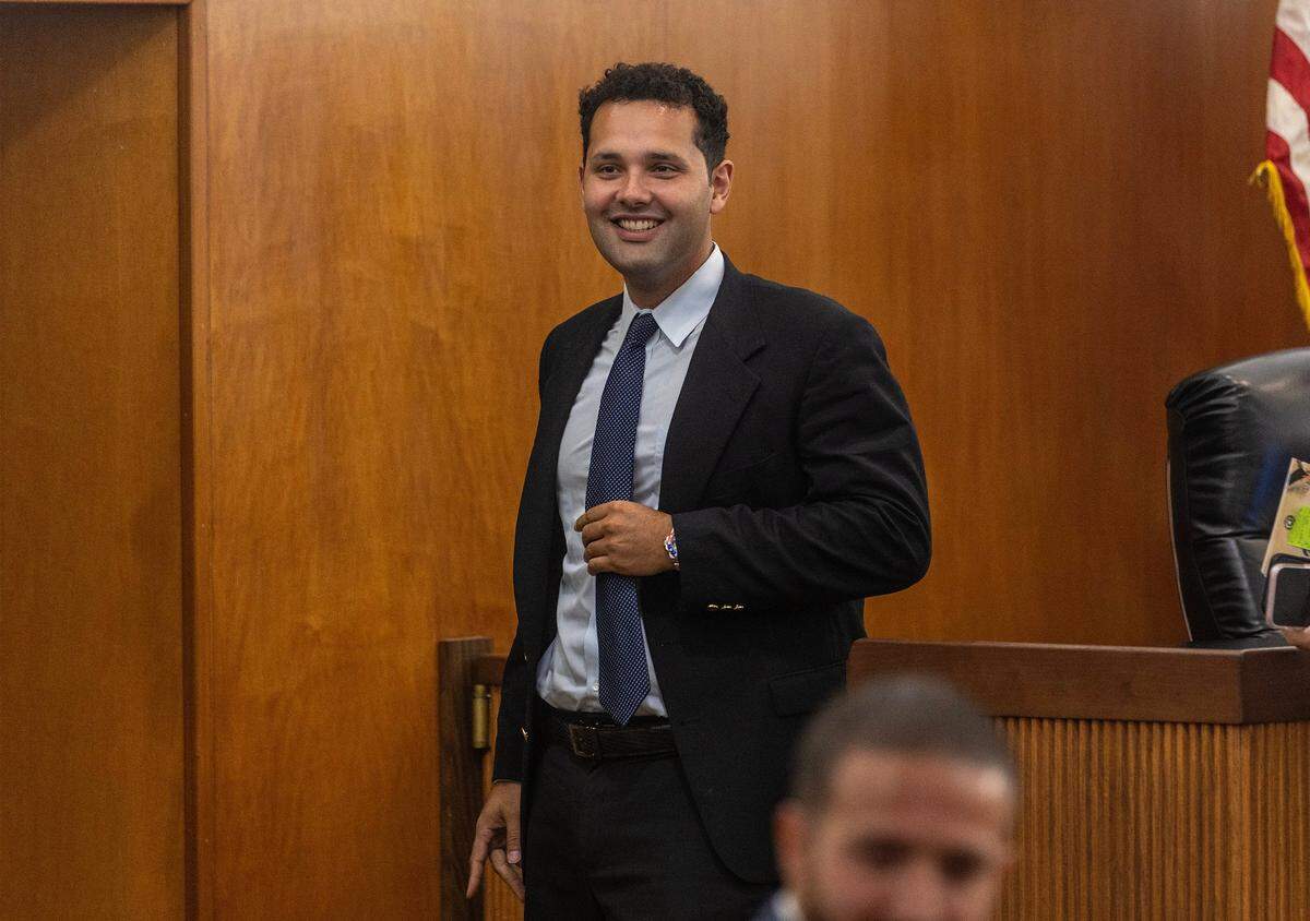 Former Hialeah City Councilman Bryan Calvo reacts during the city’s budget at City Hall on Wednesday, Sept. 27, 2023. Calvo, is the first candidate to officially announce his bid for mayor following a report revealing that Mayor Bovo is stepping down to join a prominent lobbying firm