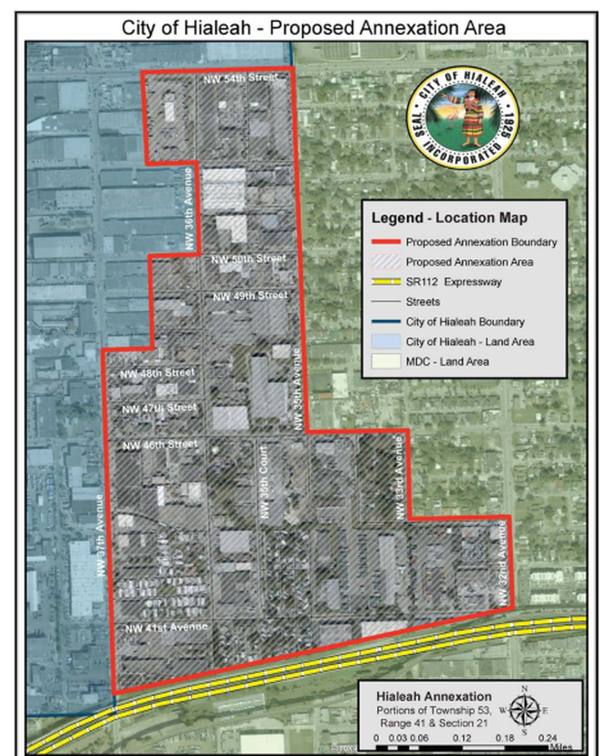Área del vecindario de Brownsville que la ciudad de Hialeah propone incorporar a su territorio, estaría delimitada por NW 54th St hacia el norte, NW 37th Ave hacia el oeste, NW 35th, 33rd y 32nd Ave hacia el este y State Road 112 hacia el sur