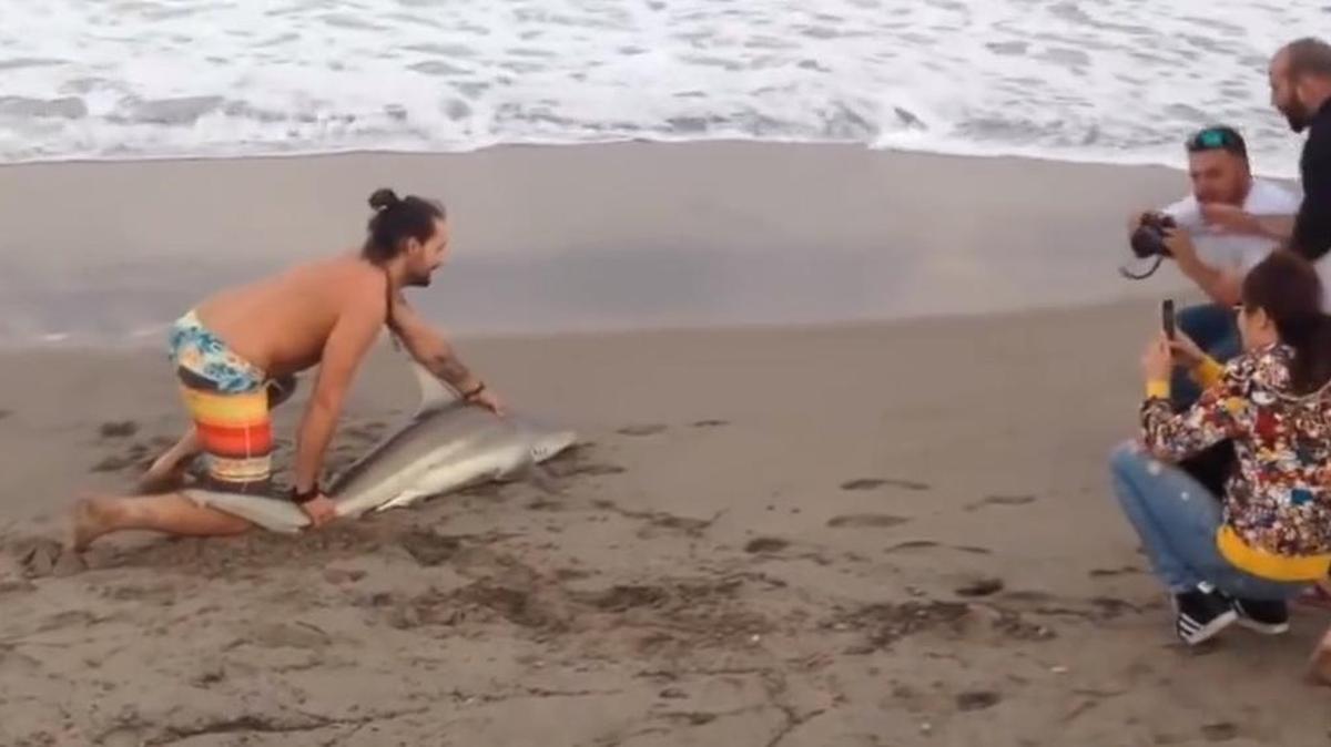 Una imágen tomada del video donde un hombre se sacó una selfie con el tiburón.